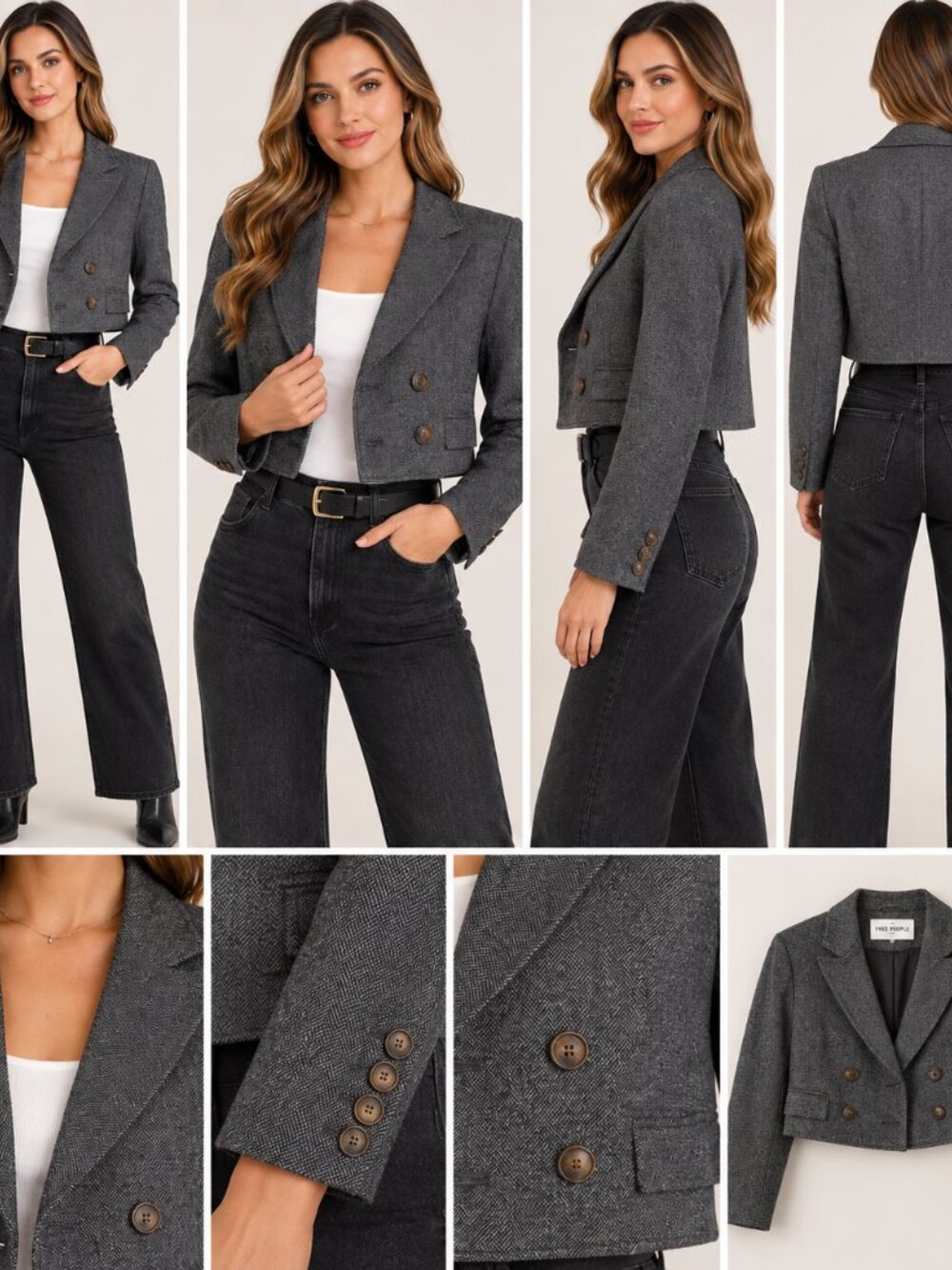 Free People Gray Blue Heritage Cropped Double Breasted Blazer 90s Collegiate S